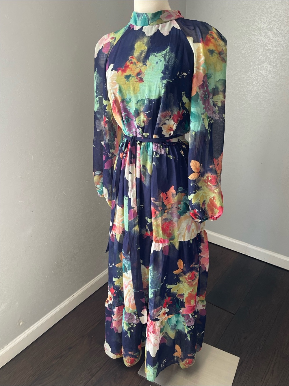Melonie Navy Floral High-Neck Maxi Dress with Tie Waist